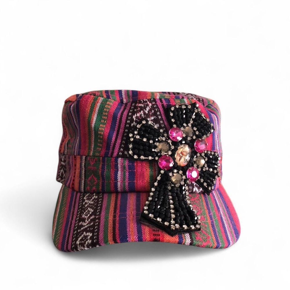 Y2K Boho Kitschy Gypsy Hippie Aztec Western Beaded cross cadet military cap hat